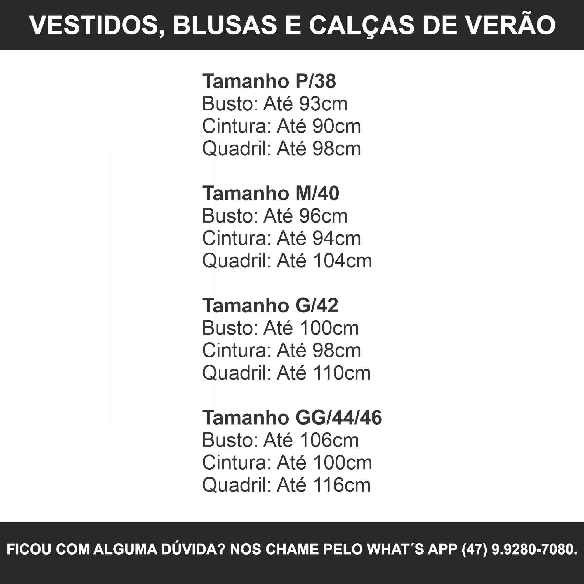 Guia de Medidas - Vestidos, Blusas e Calças de Verão